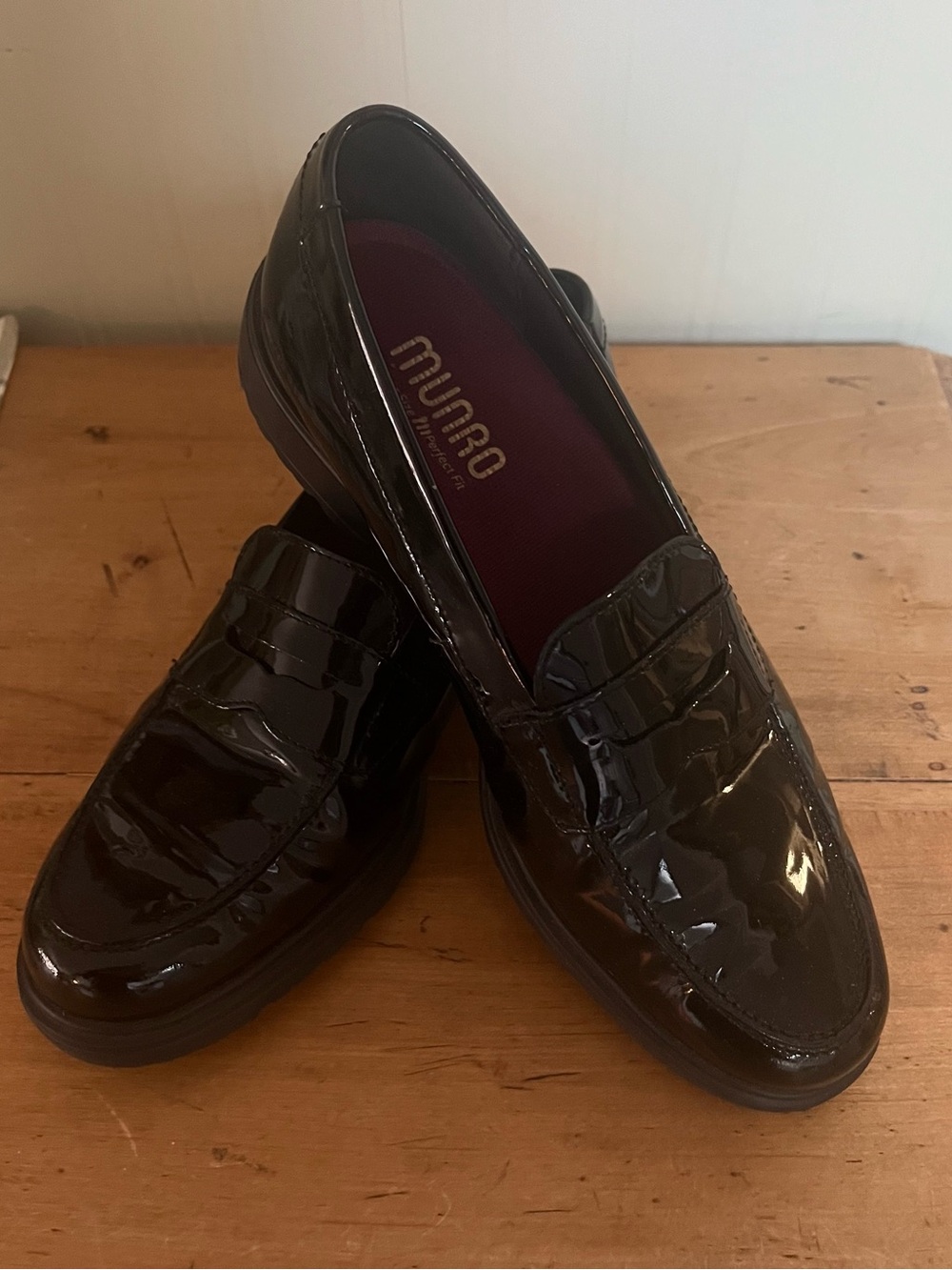 Munro Black Patent Leather Women's Penny Loafers with Maroon Insole